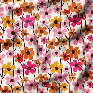 Retro 70s Floral Fabric - Pink & Orange Flower Print - Vintage Style Canvas Blend Fabric for Sewing, Quilting Upholstery Fabric - 56'' Width