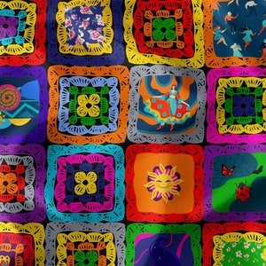 Könnte beinhalten: Ein farbenfroher Häkelstoff mit verschiedenen Designs, darunter Blumen, Tänzer, eine Sonne, ein Schmetterling und ein Marienkäfer. Der Stoff besteht aus Quadraten mit verschiedenen Farben und Mustern.
