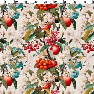 May include: A seamless pattern featuring a white background with red apples, white flowers, and red and orange berries. The pattern is a vintage style illustration.