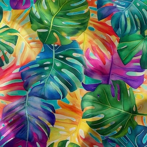 Tropical Fabric, Colorful Monstera Albo Print Upholstery Fabric, Hawaiian Quilt Fabric By The Yard, Summer Colors Tropical Leaves Fabric