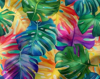 Tropical Fabric, Colorful Monstera Albo Print Upholstery Fabric, Hawaiian Quilt Fabric By The Yard, Summer Colors Tropical Leaves Fabric