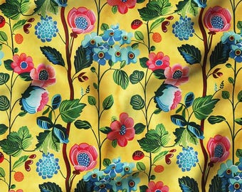 Yellow Floral Fabric, Bohemian Vintage Flower Cotton, DIY Upholstery