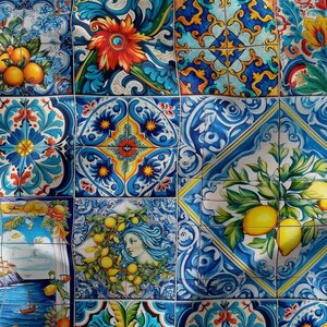 May include: A colorful tile pattern with blue, yellow, red, and green colors. The tiles feature floral designs, lemons, and geometric patterns.