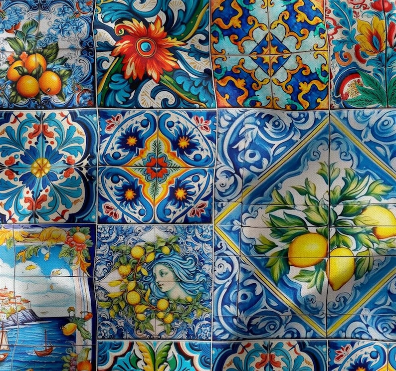 May include: A colorful tile pattern with blue, yellow, red, and green colors. The tiles feature floral designs, lemons, and geometric patterns.