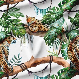Leopard Jungle Print Fabric, Tula Fabric, Exotic Animals Fabric, Upholstery Fabric by the Yard, Big Cats In The Forest Print Home Decor
