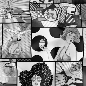 Comic Book Print Fabric, Black White Pop Art, Woman Man Print Upholstery Fabric By The Yard, Fabric For Book Nook, Retro Pop Art Fabric