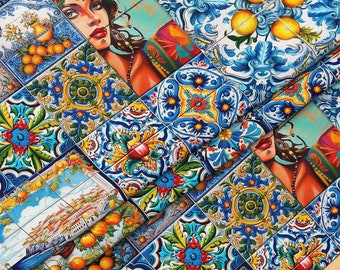Sicilian Tile Fabric, Italian Mojolica Mosaic, Retro Home Decor