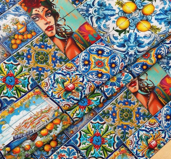 Sicilian Tile Fabric, Italian Mojolica Mosaic, Retro Home Decor