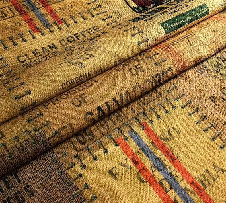 Coffee Sack Pattern Fabric, Vintage Style Fabric, Burlap Look Print Fabric, Coffee Fabric By The Yard, Boho Upholstery Fabric, Craft Fabric image 2