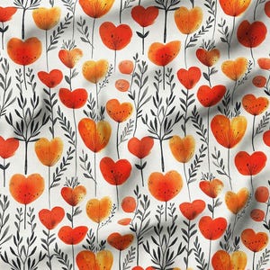Peut inclure: Un motif sans couture représentant des fleurs en forme de cœur orange et jaunes avec des tiges et des feuilles noires sur un fond blanc.