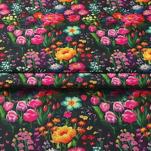 Boho Colorful Floral Upholstery Fabric, Bright Wildflowers Print Fabric, Linen Look Canvas Fabric By The Yard For Curtain Chair Pillow