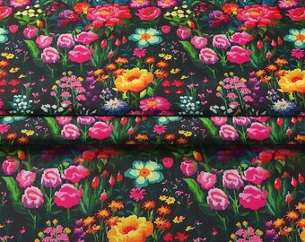 Floral Upholstery Fabric, Linen Look Canvas, Wildflower Print By The Yard