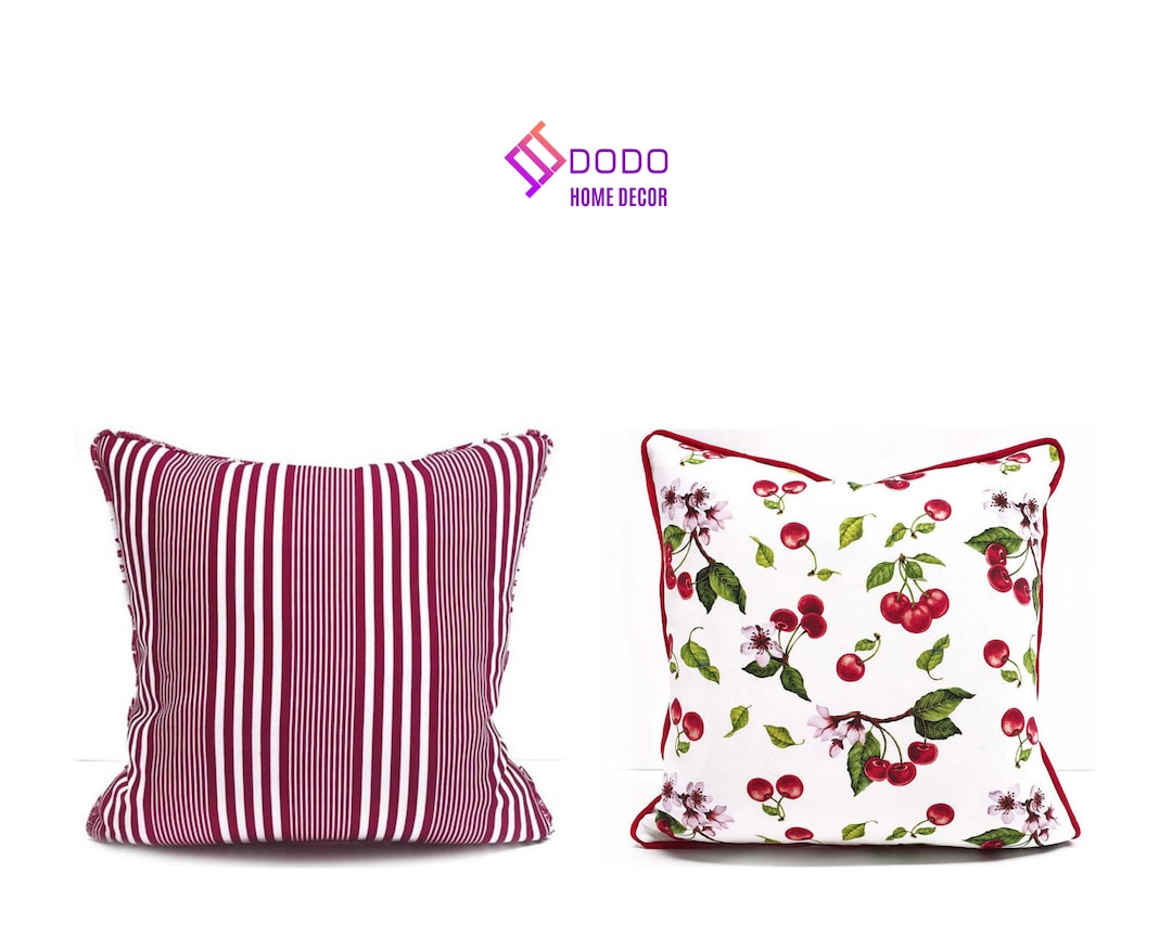 Cherry Striped Pillow Covers Summer Trend Floral Fruit Etsy