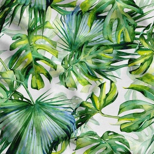 May include: A watercolour pattern of tropical leaves in shades of green and yellow on a white backdrop. The design features repeating patterns of large monstera leaves and other tropical foliage.