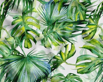 Watercolor Monstera Green Leaves Fabric, Hawaiian Fabric Tropical Leaves Fabric, Upholstery Fabric By The Yard, Botanical Block Print Fabric