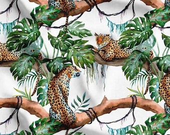 Leopard Jungle Fabric by Yard, Exotic Tropical Animal Print, Lush Green Safari Upholstery Decor