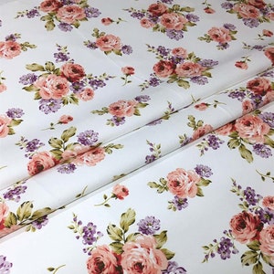 Pink Roses Fabric, Classic Rose Floral Upholstery Fabric By The Yard, Shabby Chic Fabric, Canvas Fabric for Nursery Decor Curtain Tablecloth