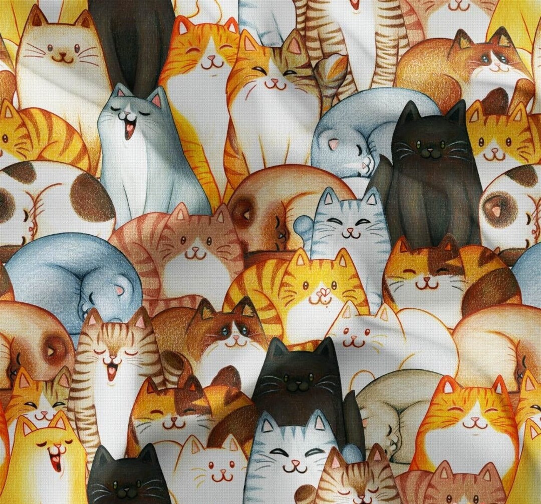 Cat Fabric by the Yard, Pop Art Colorful Cute Cat Print Fabric