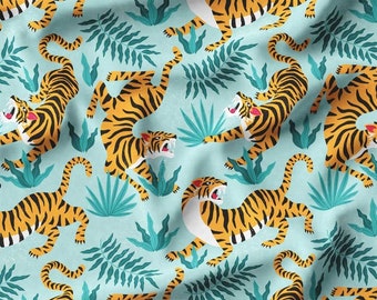 Tigers on Turquoise Fabric, Chinoiserie Fabric, Animal Print Upholstery Fabric By The Yard, Asian Fabric, Tiger Print Fabric, Novelty Fabric