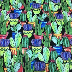 Cactus Fabric, Cacti in Pots Print Farmhouse Fabric, Southwest Fabric By The Yard, Cacti Collection For Quilting, Upholstery and Crafts