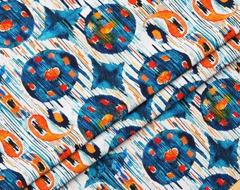 Polsterstoff für Stühle Meterware - Blau Orange Soft Geometric Ikat Style Canvas