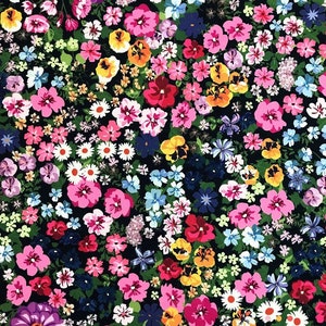 May include: A black background with a floral pattern featuring pink, red, yellow, blue, and white flowers. The flowers are arranged in a random pattern and are of various sizes.