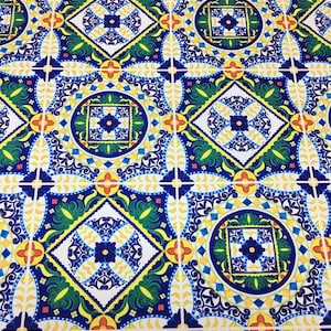 Vintage İtalian Mosaic Tiles Fabric, Sicilian Majolica Tile Upholstery Fabric, Blue Green Fabric By The Yard Clearance, Vintage İtaly Fabric