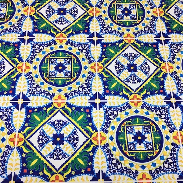 Vintage İtalian Mosaic Tiles Fabric, Sicilian Majolica Tile Upholstery Fabric, Blue Green Fabric By The Yard Clearance, Vintage İtaly Fabric