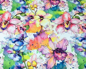 Watercolor Flowers Fabric, Boho Floral Upholstery Fabric By Yard