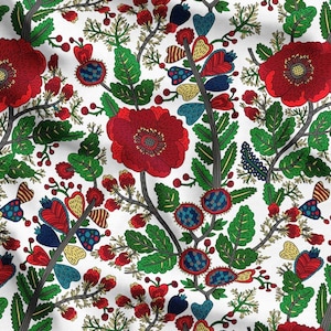 Vintage Red Flower Garden Fabric By The Yards, Tapestry Floral Upholstery Fabric, Retro Botanical Print Fabric For Curtain Tablecloth Pillow