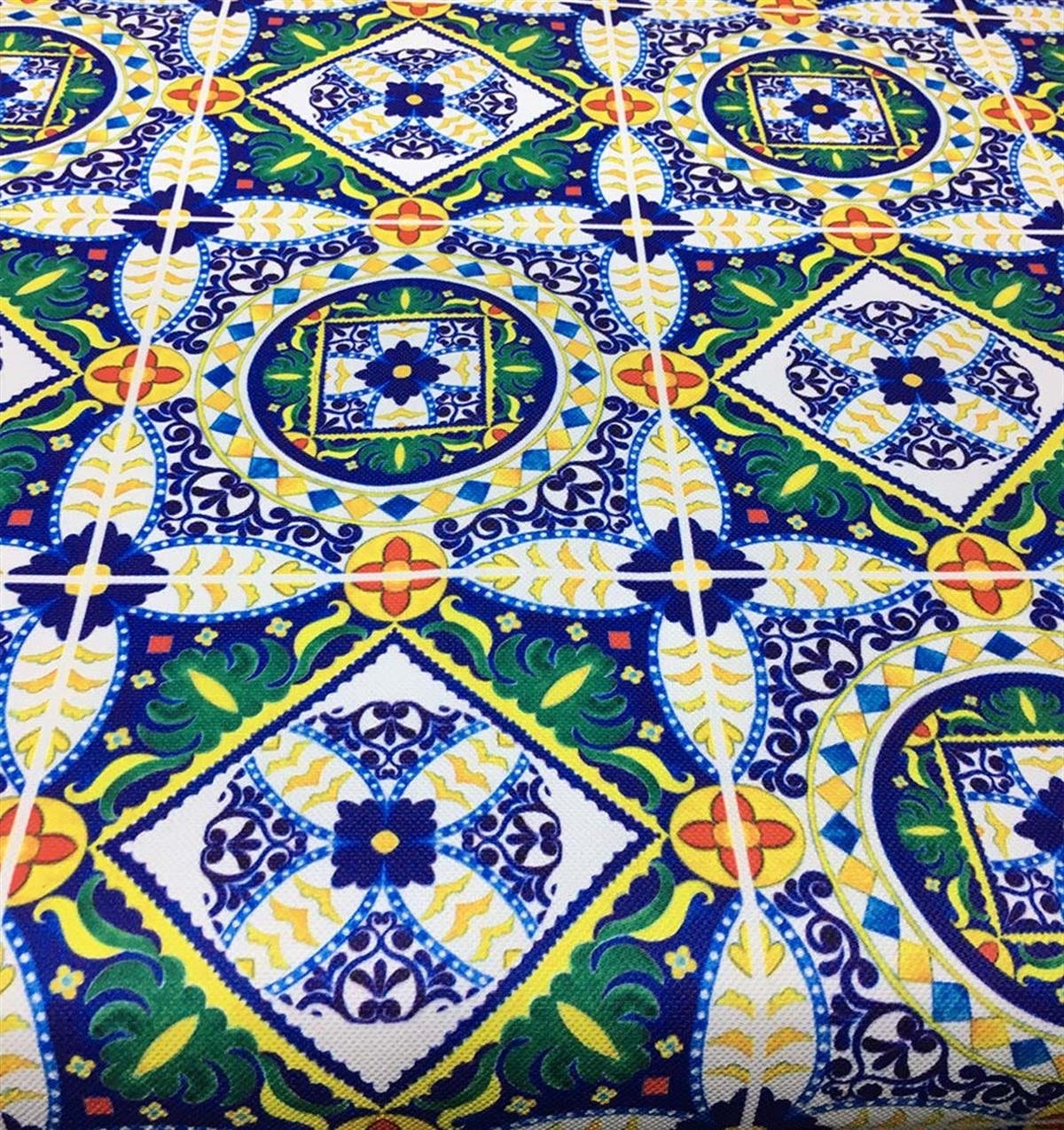 Vintage Italian Mosaic Tile Fabric, Sicilian Majolica Print, Blue