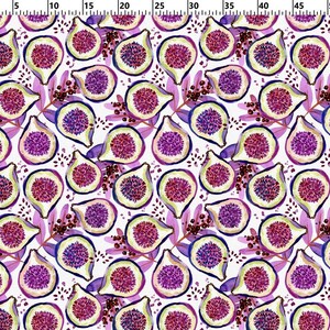 May include: A white fabric with a repeating pattern of purple and pink watercolor figs. The figs are cut in half and show the inside of the fruit. The background is white with small purple and pink dots.