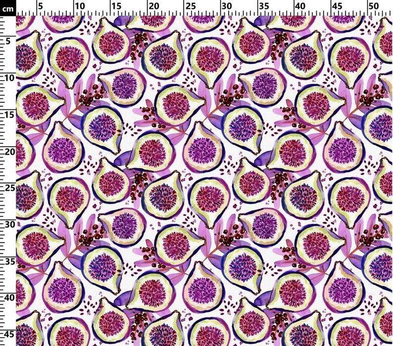 May include: A white fabric with a repeating pattern of purple and pink watercolor figs. The figs are cut in half and show the inside of the fruit. The background is white with small purple and pink dots.
