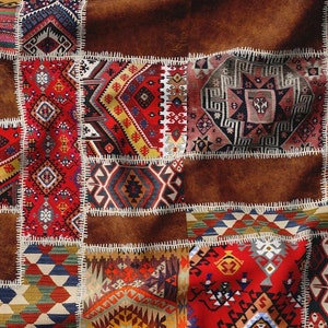 Nubuck Look Kilim Fabric, Bohemian Upholstery Fabric, Turkish Kilim Rug Design Fabric By The Yard, Canvas Fabric, Patchwork Kilim Fabric
