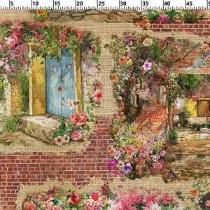 May include: A vintage-style illustration of a brick wall with a blue door and a pathway lined with flowers. The image is printed on a burlap-like fabric.