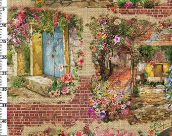 Könnte beinhalten: Eine Vintage-Illustration einer Backsteinmauer mit einer blauen Tür und einem mit Blumen gesäumten Weg. Das Bild ist auf einem Leinenstoff gedruckt.