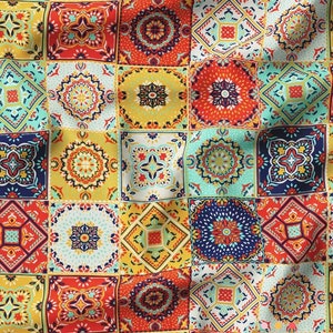 Majolica Mosaic Design Fabric, Vintage Sicilian Tile Fabric By The Yard, Colorful Mosaic Tiles Upholstery Fabric, Novelty Fabric