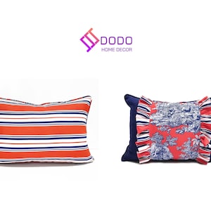 Coral Navy Long Lumbar Pillow Covers, Patio Cushion Cover, Outdoor Pillow Covers, Farmhouse Throw Pillowcase, Window Seat Cushion, Home Gift