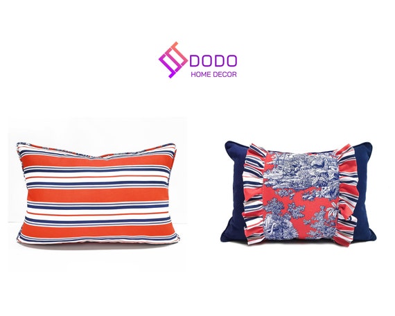 Coral Navy Long Lumbar Pillow Covers Patio Cushion Cover Outdoor Pillow Covers Farmhouse Throw Pillowcase Window Seat Cushion Home Gift Etsy