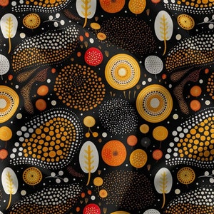 Puede incluir: Un fondo negro con un patrón repetitivo de círculos y puntos amarillos, naranjas y blancos. El patrón recuerda al arte aborigen.