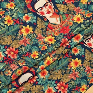 May include: A dark blue fabric with a repeating pattern of colourful flowers and a portrait of Frida Kahlo. The flowers are in shades of red, yellow, orange, and pink. The portrait of Frida Kahlo is in the centre of the fabric and is surrounded by flowers.