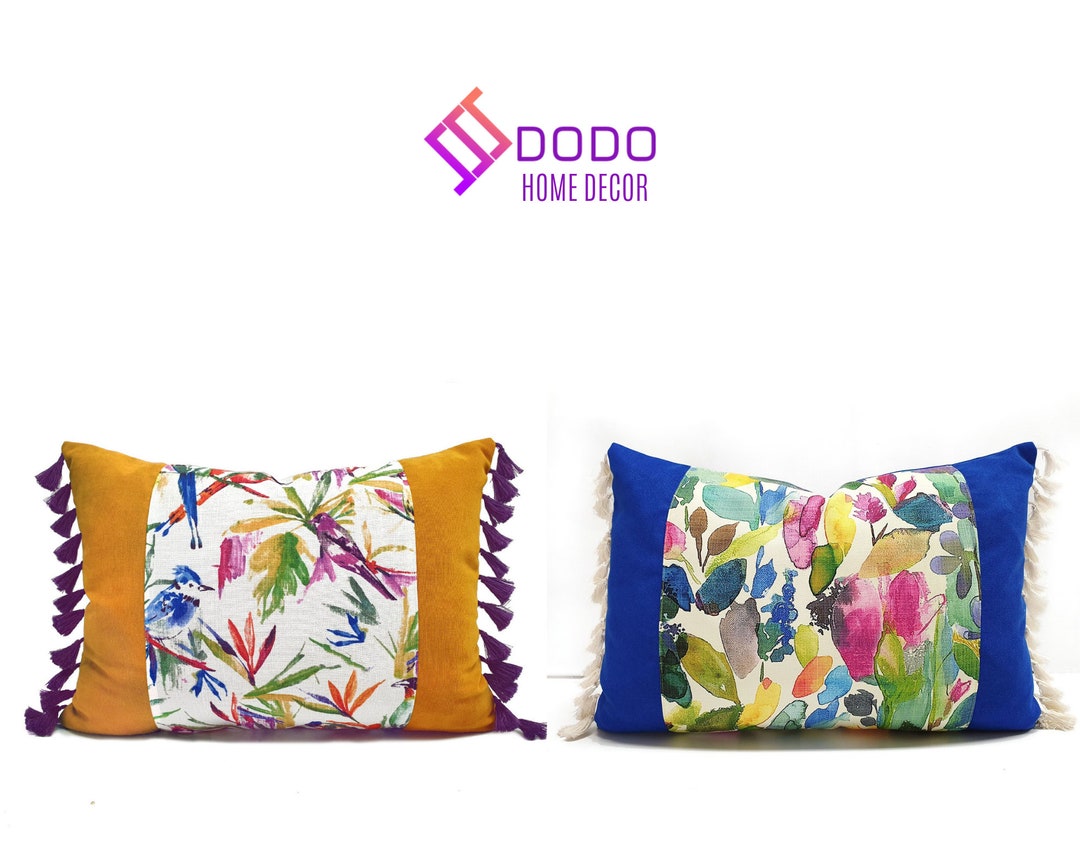 Floral Lumbar Pillow Covers, Boho Throw Pillows, Fringe Pillowcase
