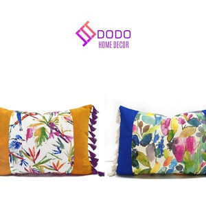 Floral Lendenkissenbezüge, Boho Kissen, Fransen Kissenbezug, blaue und gelbe lange Lendenkissen, Outdoor Kissenbezüge, Haus Geschenk