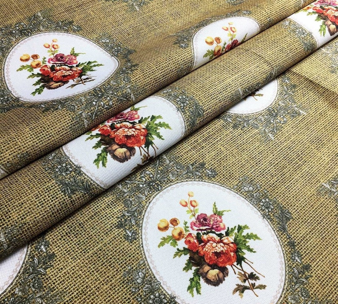 French Vintage Fabric, Floral Fabric Panels on Burlap, Vintage Style