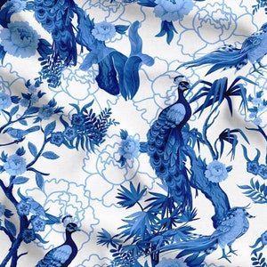 Peacock and Birds of Paradise Print Fabric in The Forest With Blue Flowers, Blue Batik Bird and Floral Fabric By The Yard, Upholstery Fabric
