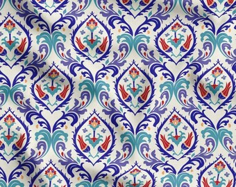 Blue Damask Upholstery Fabric by the Yard with Tulip Floral Pattern, Ottoman Style