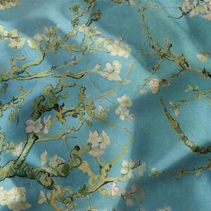 May include: A blue and green painting of a blooming almond tree with white flowers. The painting is done in a style reminiscent of Vincent van Gogh.