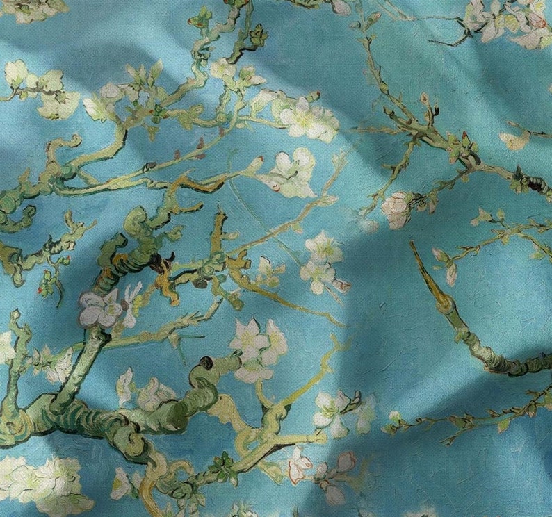 May include: A blue and green painting of a blooming almond tree with white flowers. The painting is done in a style reminiscent of Vincent van Gogh.