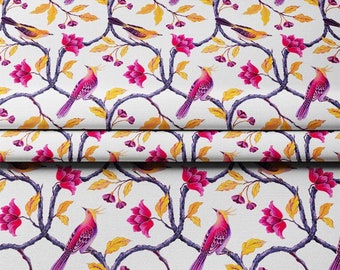 Tela de algodón rosa con estampado floral de pájaros de estilo chinoiserie, cortada a medida, textil para tapicería con estampado de flores de primavera.