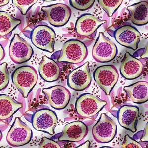 May include: A white background with a repeating pattern of purple, pink, and green watercolor figs. The figs are cut in half and show the inside of the fruit.